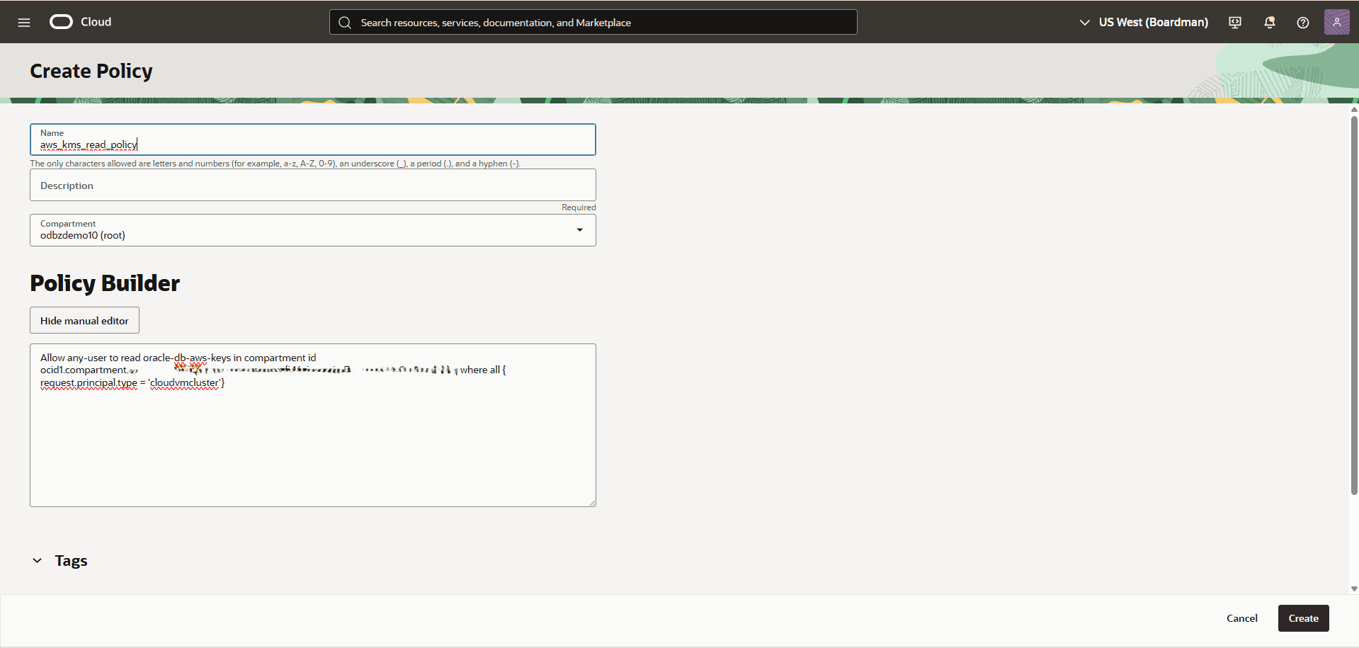 This screenshot shows how to create a policy.