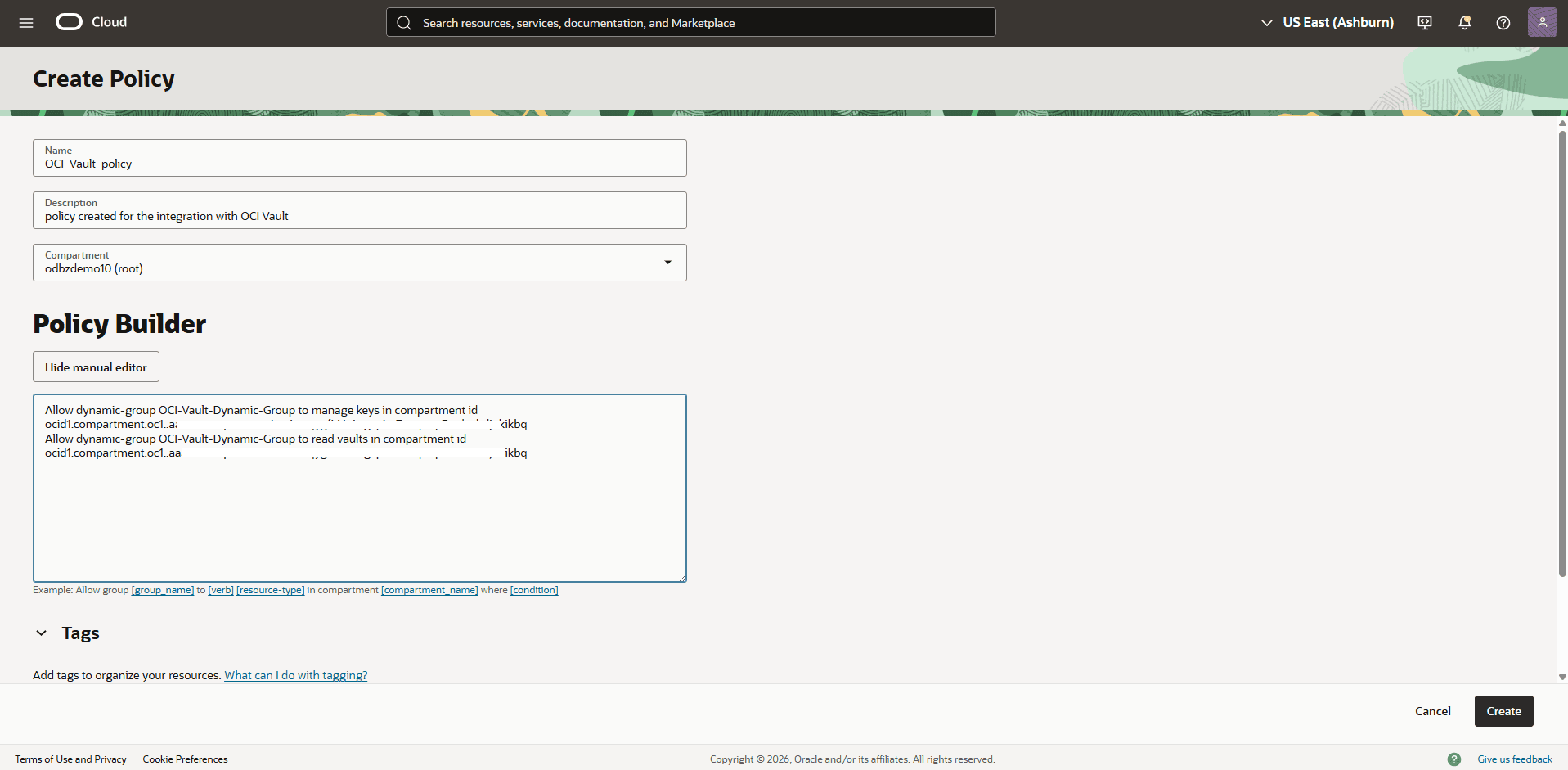 This screenshot shows how to create a policy.