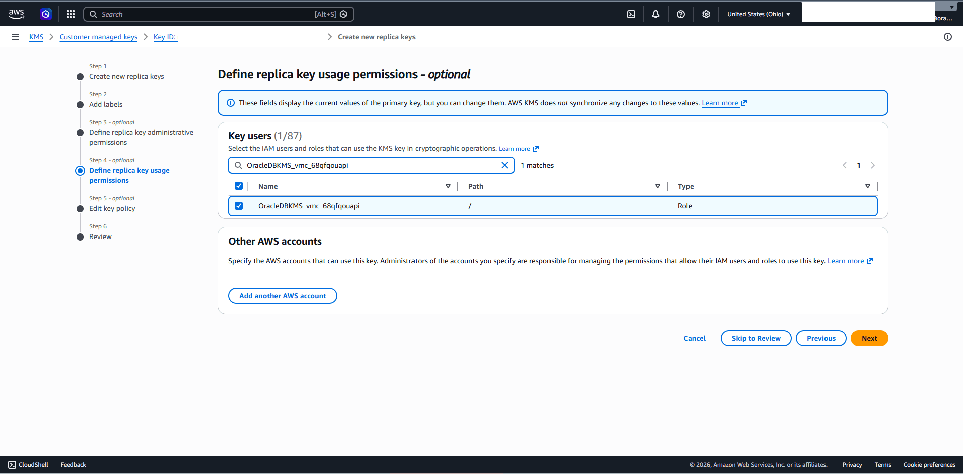 This screenshot shows how to enable the multi-region key in AWS KMS.