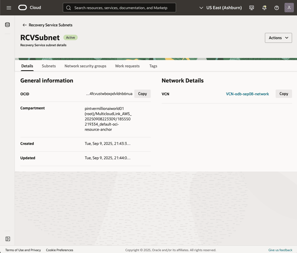 This screenshot shows the status of Recovery Service Subnet.