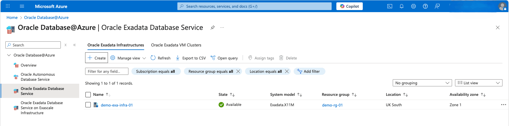 This screenshot shows how to create an Exadata Infrastructure.