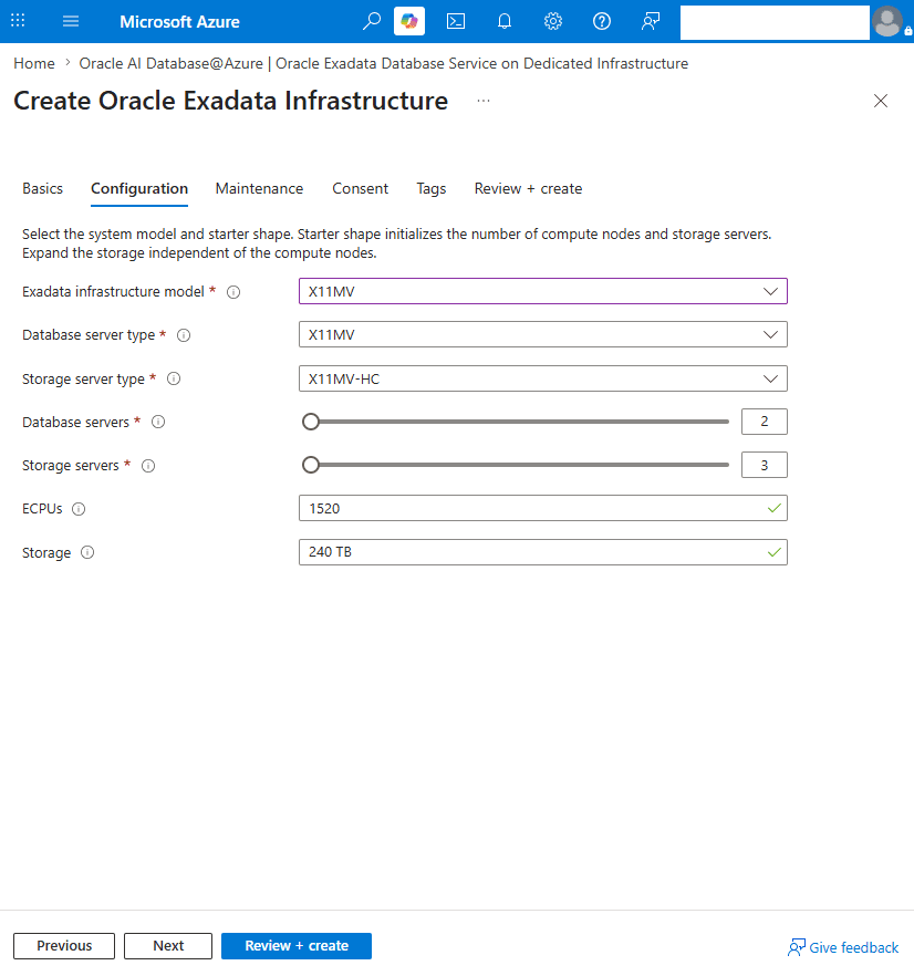 This screenshot shows how to create an Exadata Infrastructure.