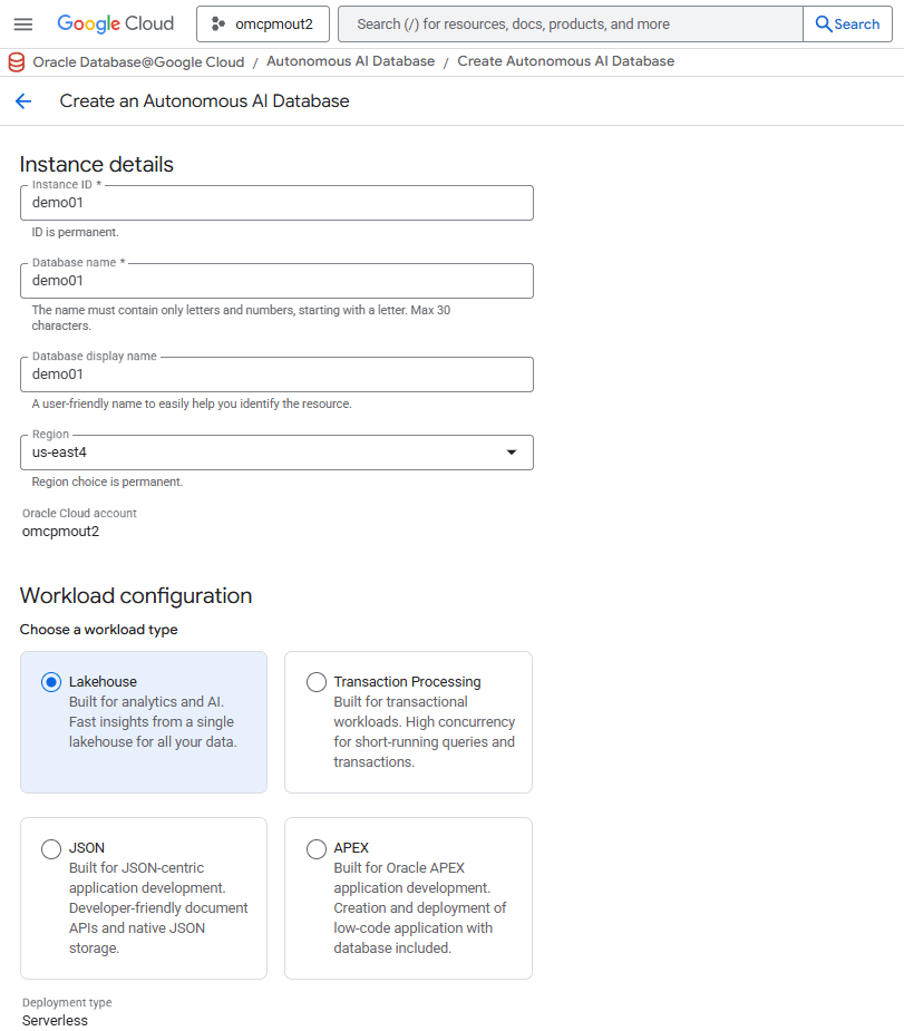 This screenshot shows how to create an Autonomous AI Database.