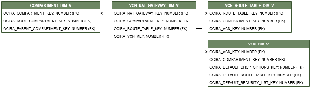 Relationship diagram showing the dimension table, VCN_NAT_GATEWAY_DIM_V.
