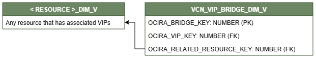 Relationship diagram showing the dimension table, VCN_VIP_BRIDGE_DIM_V connected to the dimension table, < RESOURCE >_DIM_V.