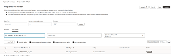 Frequent Data Refresh dialog: Select Table