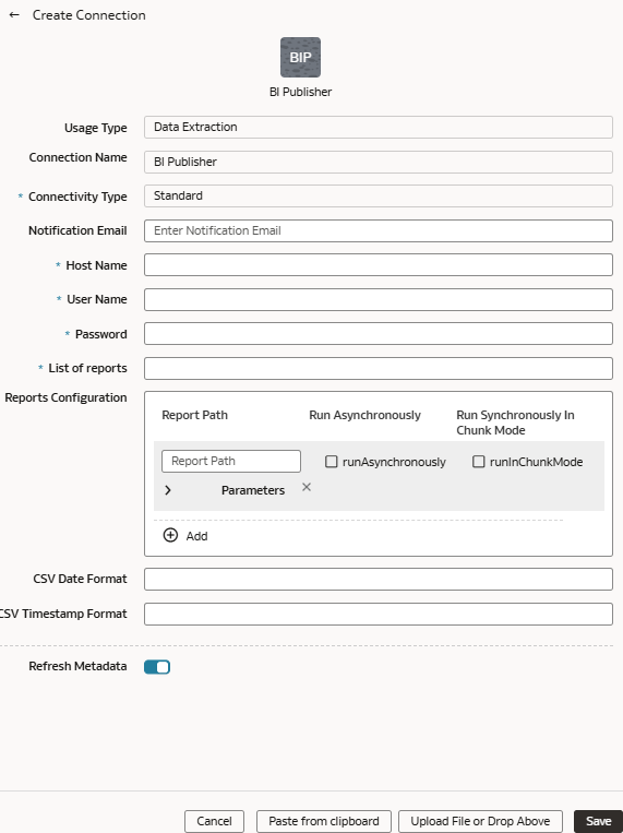 Create Connection for BI Publisher dialog