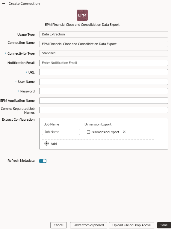 EPM Financial Close and Consolidation Data Export Create Connection dialog