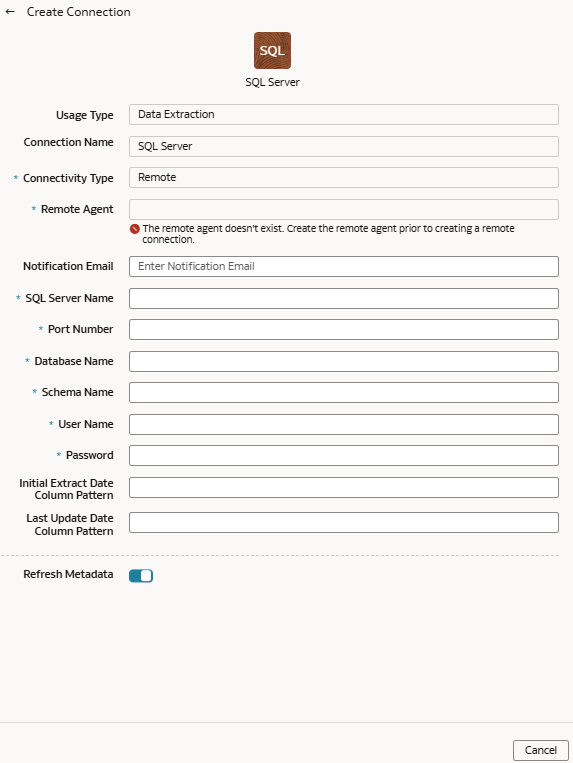 Create Connection for SQL Server dialog
