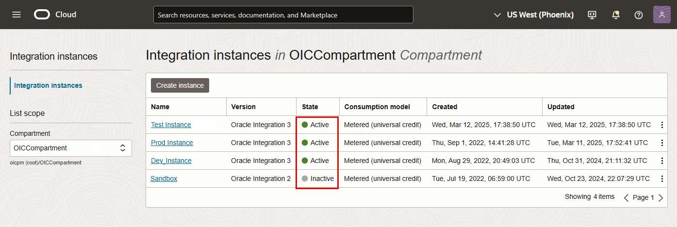 List of Oracle Integration instances showing active and inactive status