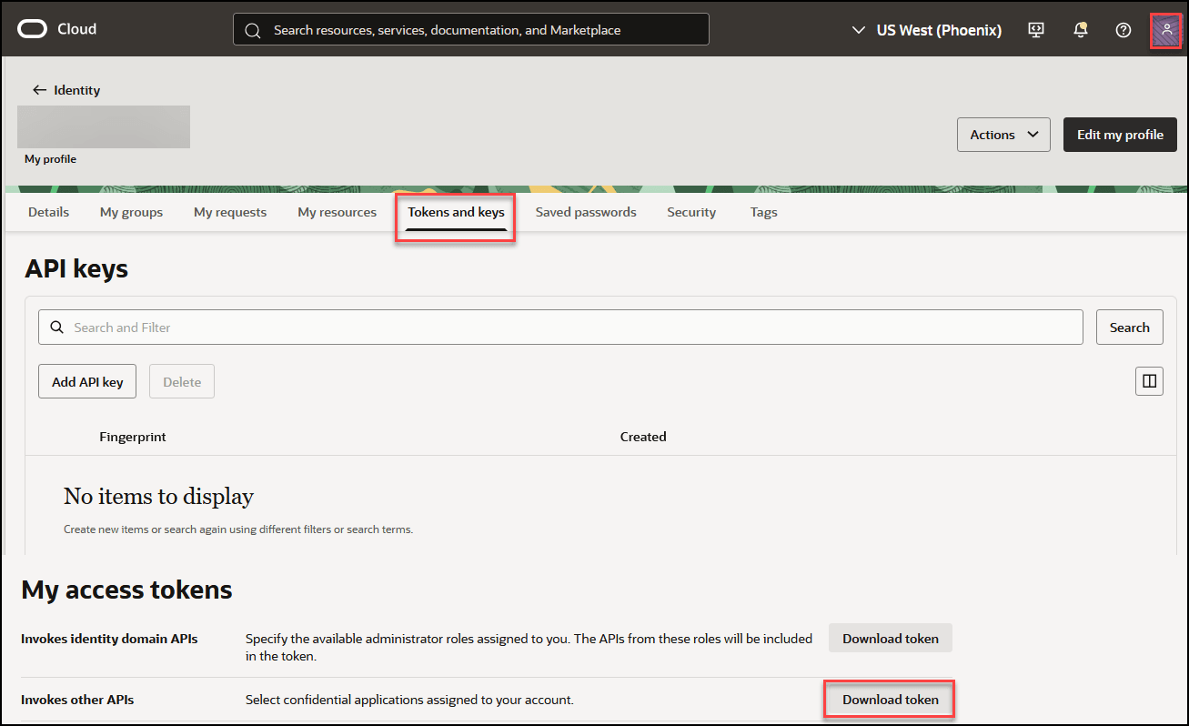 This image shows the Tokens and Keys tab and where a user must click to download the token. This image shows the Tokens and Keys tab and where a user must click to download the token.