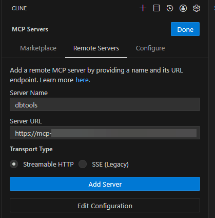 This image shows the Server Name and Server URL fields in the Cline extension. This image shows the Server Name and Server URL fields in the Cline extension.