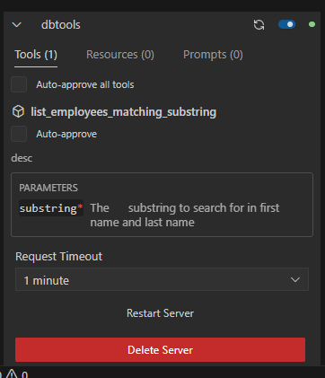 This image shows the screen where the available tools, resources and prompts are displayed. This image shows the screen where the available tools, resources and prompts are displayed.