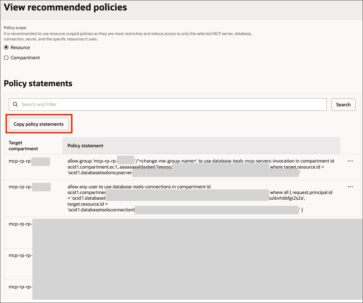 This image shows the policy statements that are generated when you click View recommended policies for a specific MCP server resource.