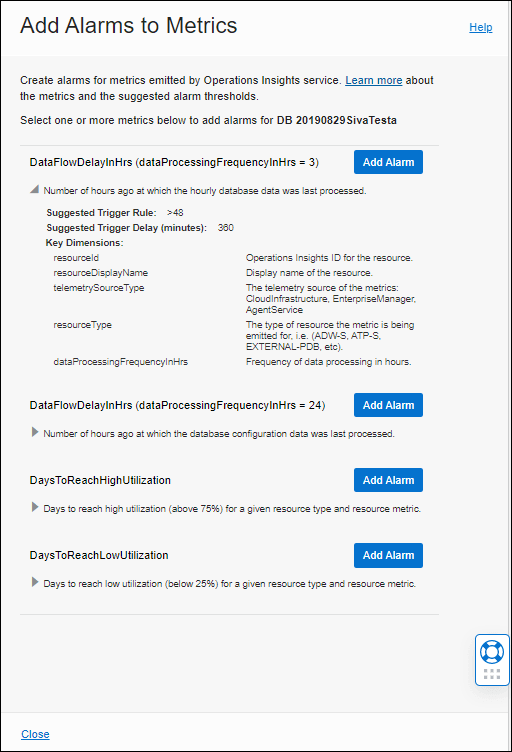 Graphic shows the Add Alarms to Metrics region. Graphic shows the Add Alarms to Metrics region.