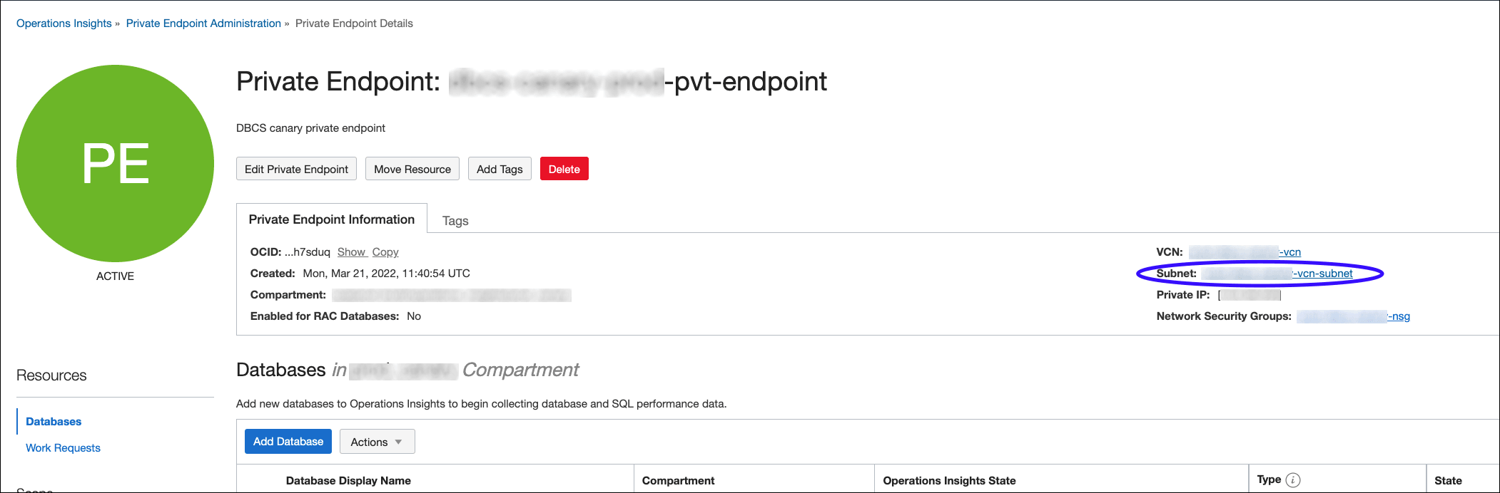 Graphic shows the the VCN/Subnet page link from the Private Endpoint Details page. Graphic shows the the VCN/Subnet page link from the Private Endpoint Details page.