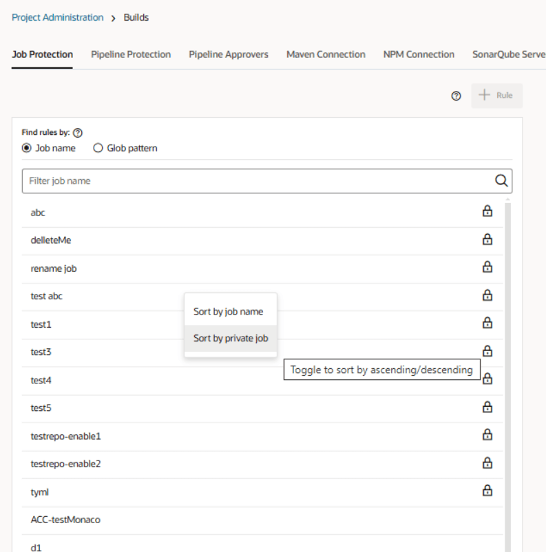 Job protection page sorting options