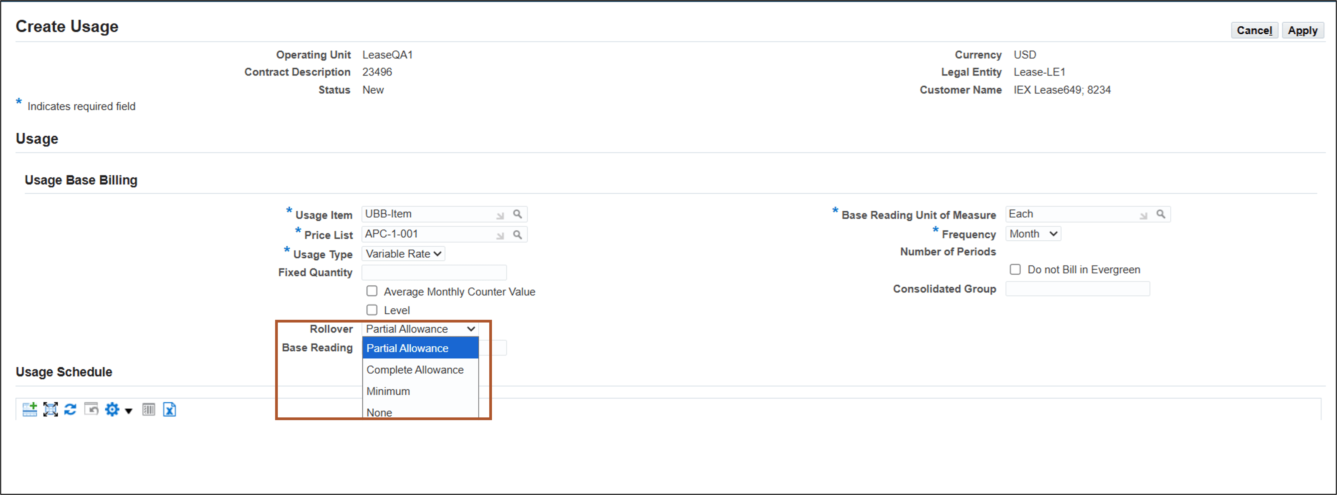 Create Usage page