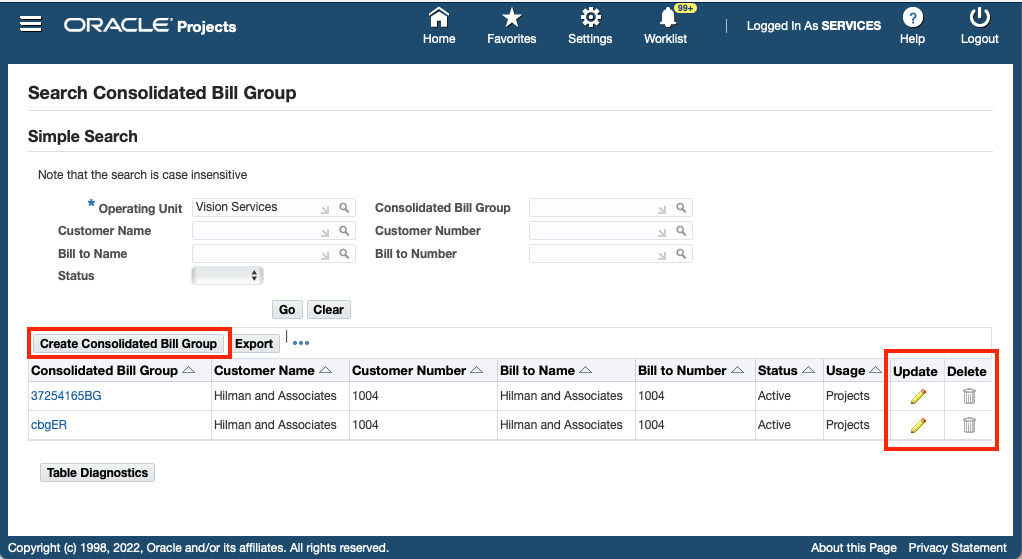 Fig.1 - Search, Create, Update and Delete Consolidated Bill Groups