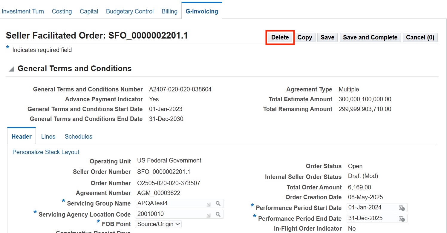 Fig.1 - Delete option is available when the order modification is initiated