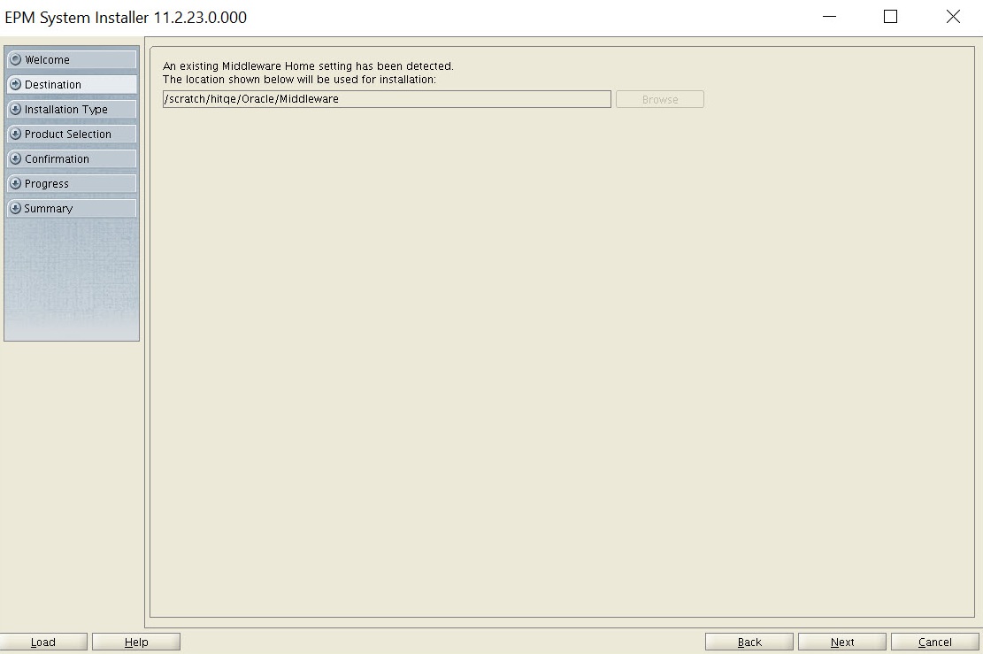 EPM System Installer Destination screen