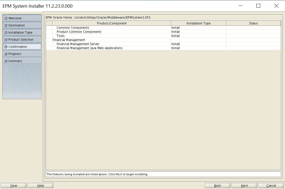 EPM System Installer Confirmation screen