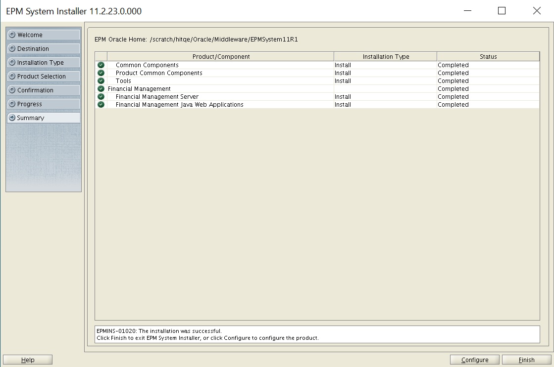 EPM System Installer Confirmation screen