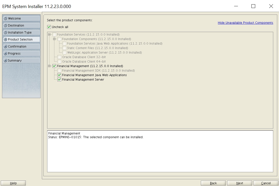 EPM System Installer Product Selection screen