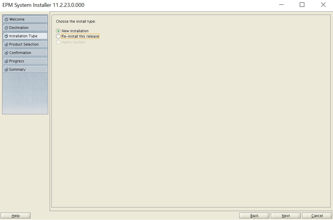 EPM System Installer Installation Type screen