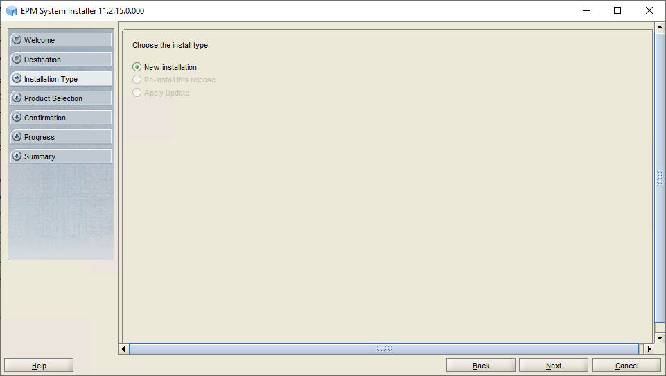 EPM System installer Installation Type screen