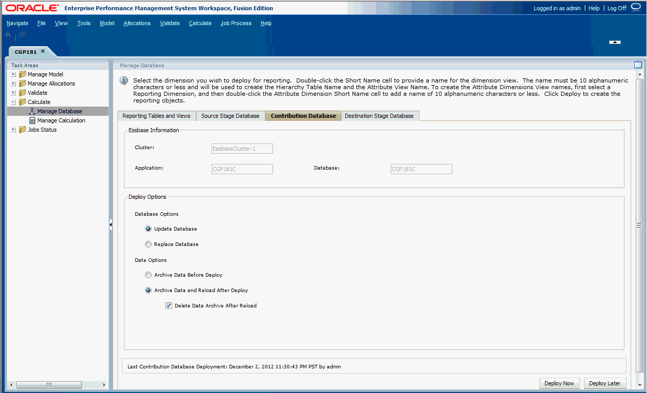 Use the Manage Database tab to deploy dimension views.