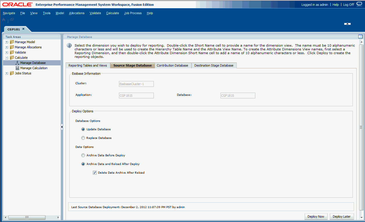 Use the Manage Database tab to deploy dimension views.