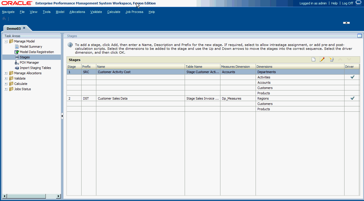The Source and Destination stages for the selected application are displayed, along with the Prefix, Name, Table Name, assigned Measures dimension, associated dimensions and the driver dimensions are selected.