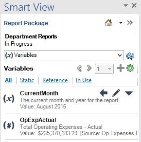A variable selected in the list of variables in the Smart View Panel.