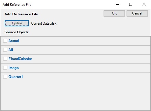 The Add Reference File dialog box, showing five named ranges from the selected reference file that can be registered as available content with the doclet.