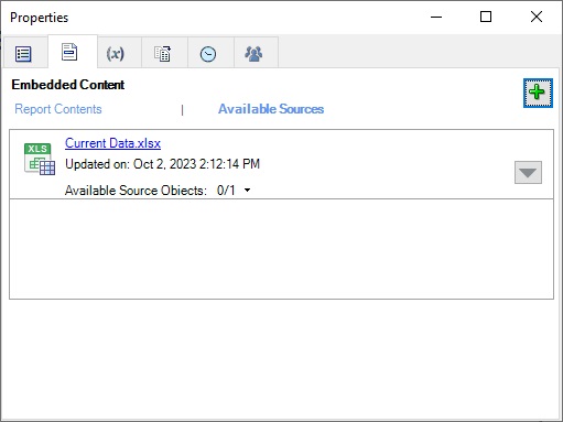 The Properties dialog, Embedded Content tab, listing the reference file that just registered with the doclet