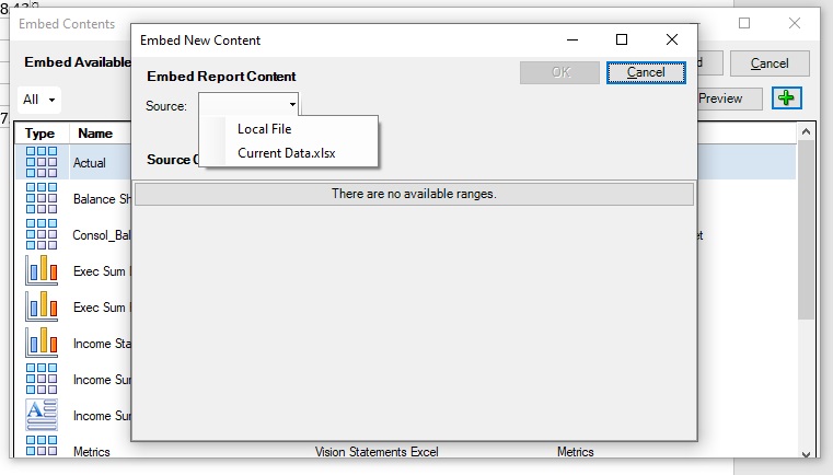 The Embed New Content dialog box, showing the drop-down menu in the Source field, where you select Local File the first time you add a reference file to a doclet or select a reference file that is already in the list