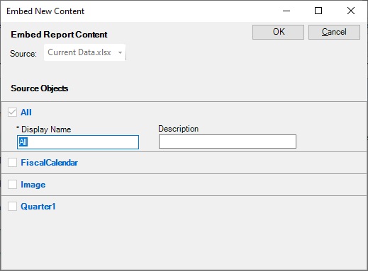 The Embed New Content dialog box with a named range selected.