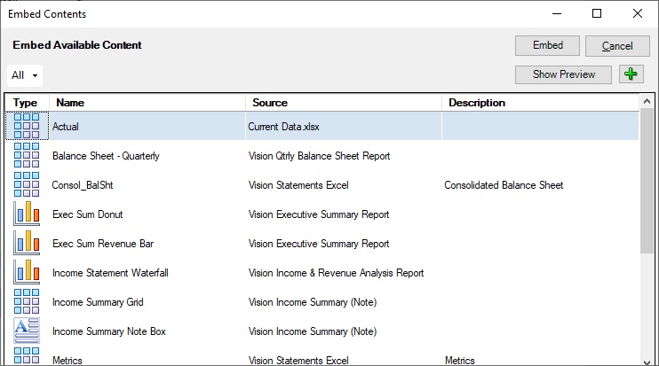 The Embed Contents dialog box, showing one named range available for embedding.