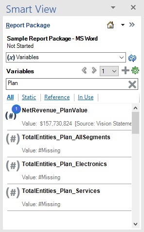 Reports Package panel showing a list of variables filtered as based on the searched term.