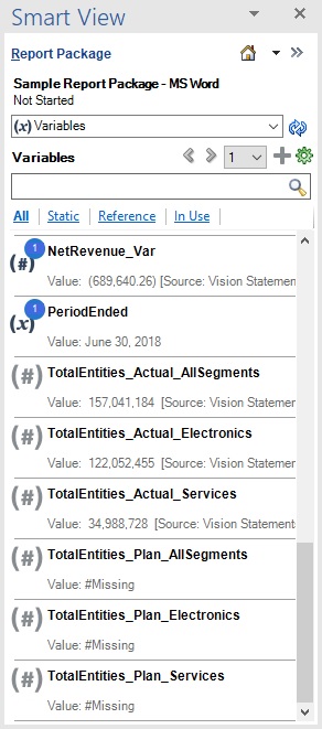 Reports Package panel showing a list of available variables.