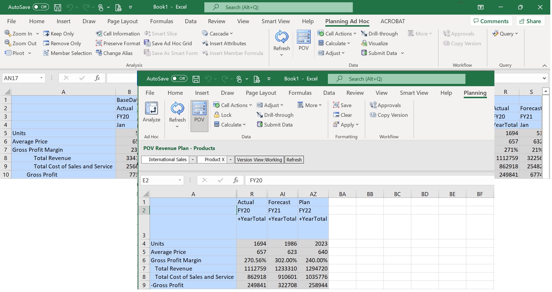 In the foreground, shows the Planning data source ribbon, which displays when accessing a Planning form. In the background, shows the Planning Ad Hoc ribbon, which displays when accessing Planning ad hoc.