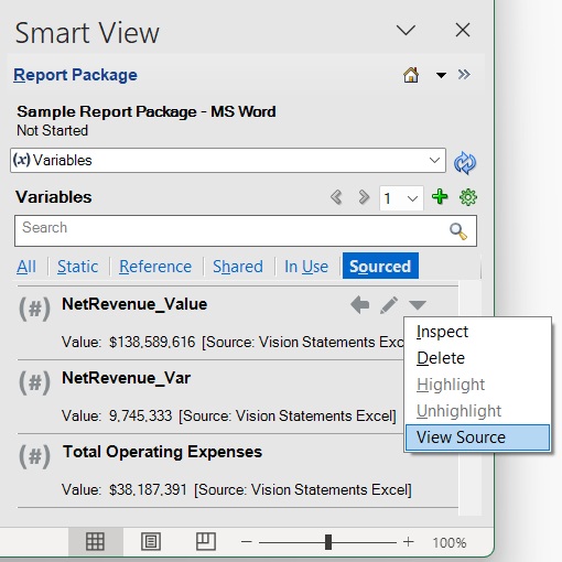 In the Sourced tab of the Report Package panel, the View Source option is displayed under the More Actions drop-down.