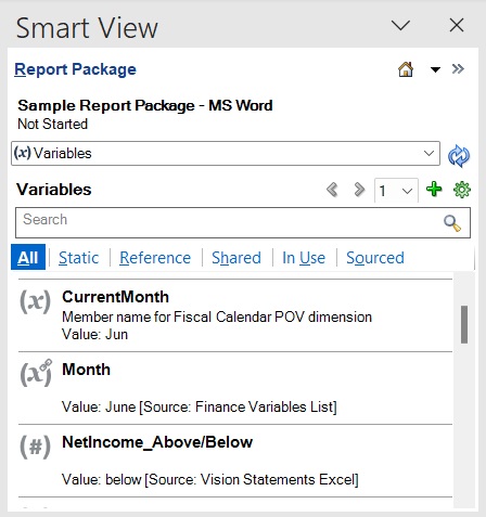 A variable selected in the list of variables in the Smart View Panel.