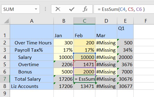 With focus on the Total Salary cell, the cells of Salary, Overtime, and Bonus are highlighted in the grid indicating that these three cells are involved in calculation of total salary. With focus on the Total Salary cell, the cells of Salary, Overtime, and Bonus are highlighted in the grid indicating that these three cells are involved in calculation of total salary.