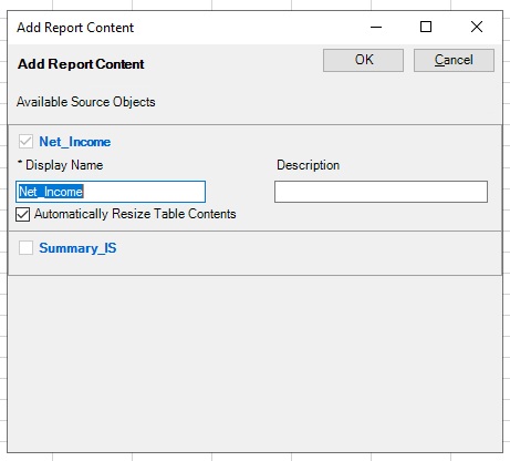 Add Report Content Dialog Showing Details for Net_Income, including Display Name and optional Description
