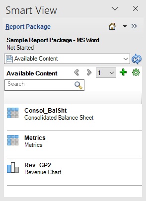 Available Content panel showing three available content items. Consol_BalSht, Metrics, and Rev_GP2