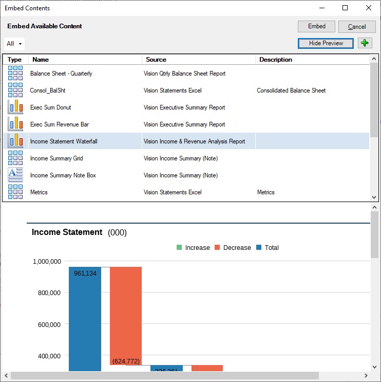 Preview of the Selected Available Content in lower half of the Embed Contents Dialog
