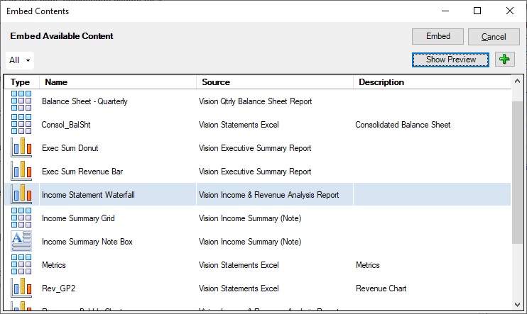 Show Preview Button in the Embed Contents Dialog, with the Income Statement Waterfall item selected from the list of available content