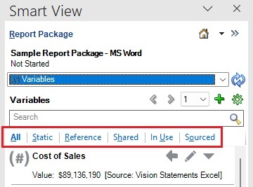 A portion of the panel showing the variable filtering options, All, Static, Reference, Shared, In Use and Sourced.